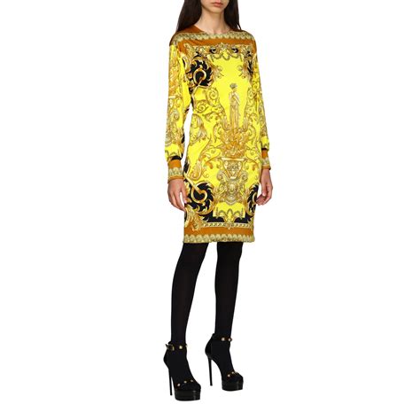 versace yellow and black dress|Versace pleated dress.